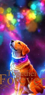 Dog in space with vibrant colors and 'Together Forever' text.