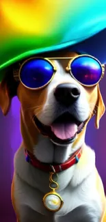 Stylish dog with rainbow hat and sunglasses.