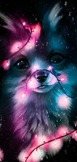 Dog with neon lights in colorful mobile wallpaper.