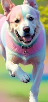 Playful dog with colorful fur running exuberantly.