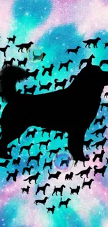 Silhouette of a dog with vibrant galaxy watercolor background.