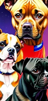 Vibrant digital painting of three dogs on a gradient background.