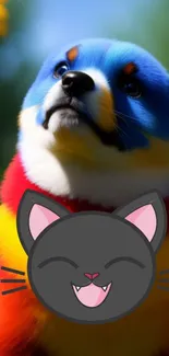 Colorful dog with cat emoji on a vibrant background.