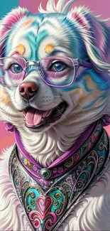 Colorful dog with glasses and scarf in vibrant art style.