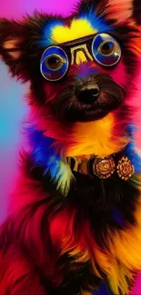 Vibrant dog wearing glasses against a colorful backdrop.