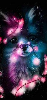 Cute dog wrapped in neon lights with a black background.