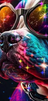 Colorful dog wearing sunglasses with multicolored lights.