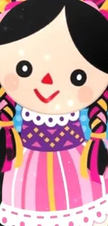 Colorful traditional doll wallpaper with vibrant pink and playful design.