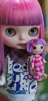 A colorful doll with pink hair holding a small toy.