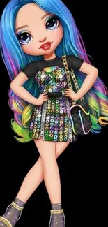 Colorful doll with rainbow hair on black background.