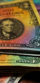 Colorful US dollar bills stacked artfully.