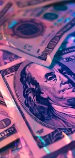 Colorful dollar bills on a surface with vibrant lighting.
