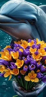 Dolphin holding vibrant bouquet of flowers underwater.