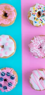 Vibrant donut wallpaper with pink and blue background for a colorful phone look.