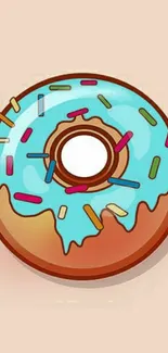 Illustrated donut with blue icing and colorful sprinkles on beige background.