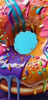 A colorful donut with rainbow sprinkles and vibrant icing.