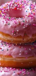 Stack of pink donuts with colorful sprinkles.