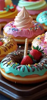 Brightly colored donuts with sprinkles and fruit toppings.