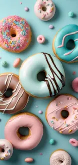 Colorful donuts on a pastel blue background.