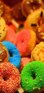 Colorful donuts with sprinkles and glaze creating a vibrant background.