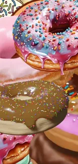 Vibrant donuts with sprinkles on a mobile wallpaper.