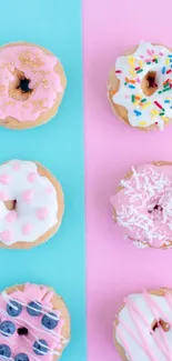 Vibrant mobile wallpaper with colorful donuts on a pastel background.