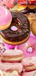 Colorful wallpaper featuring assorted donuts with icing and sprinkles