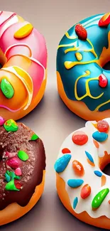 Colorful donuts with icing and sprinkles displayed in a vibrant wallpaper.