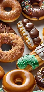 Assorted colorful donuts with chocolate glaze and sprinkles on display.