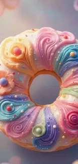 Vibrant donut with colorful icing design in pastel hues.