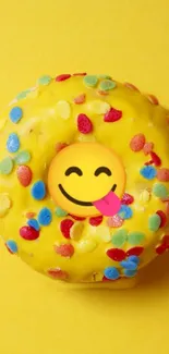 A colorful donut with sprinkles on yellow background, featuring a smiley emoji.