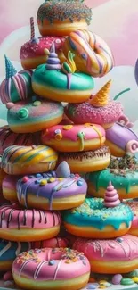 Whimsical donut stack with vibrant fantasy colors.