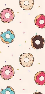 Colorful donuts with sprinkles on a light beige background wallpaper.