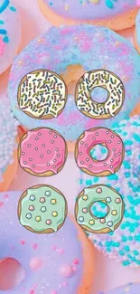 Pastel donuts pattern wallpaper with sprinkles and colorful icing.