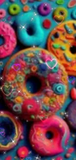 Colorful donuts with sparkles and hearts create a vibrant phone wallpaper.