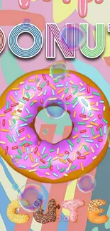 Colorful donut with sprinkles on a pastel background.