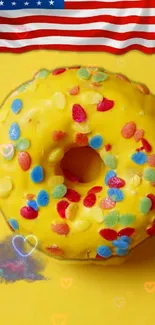 Yellow donut wallpaper with colorful sprinkles and USA flag.