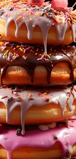A stack of colorful glazed donuts with sprinkles.