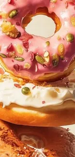 Colorful stack of donuts with pink icing and sprinkles.