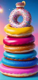 A vibrant stack of colorful donuts with sprinkles on a gradient background.