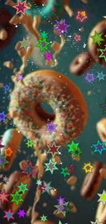 Colorful donuts and stars explode on a teal background.