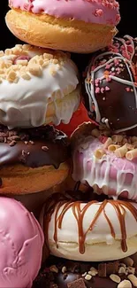 A colorful stack of assorted, glazed donuts.