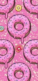 Pink frosted donut wallpaper with sprinkles and colorful design.