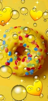 Vibrant donut with sprinkles and bubbles on yellow background.