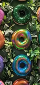 Colorful donuts surrounded by green leaves on a vibrant wallpaper.