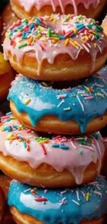 Stack of colorful glazed donuts with sprinkles