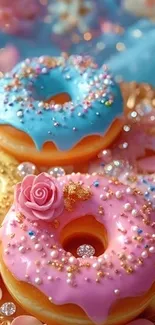 Colorful donuts with sprinkles and roses on a vibrant background.