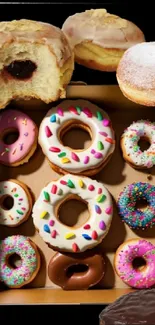 Colorful donuts in a box with sprinkles and glaze, perfect for phone wallpaper.