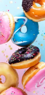 Vibrant wallpaper with colorful donuts and pastel background.