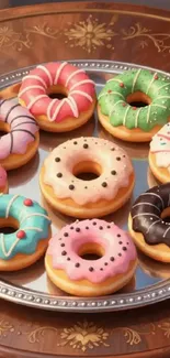 A variety of colorful donuts on a silver tray.